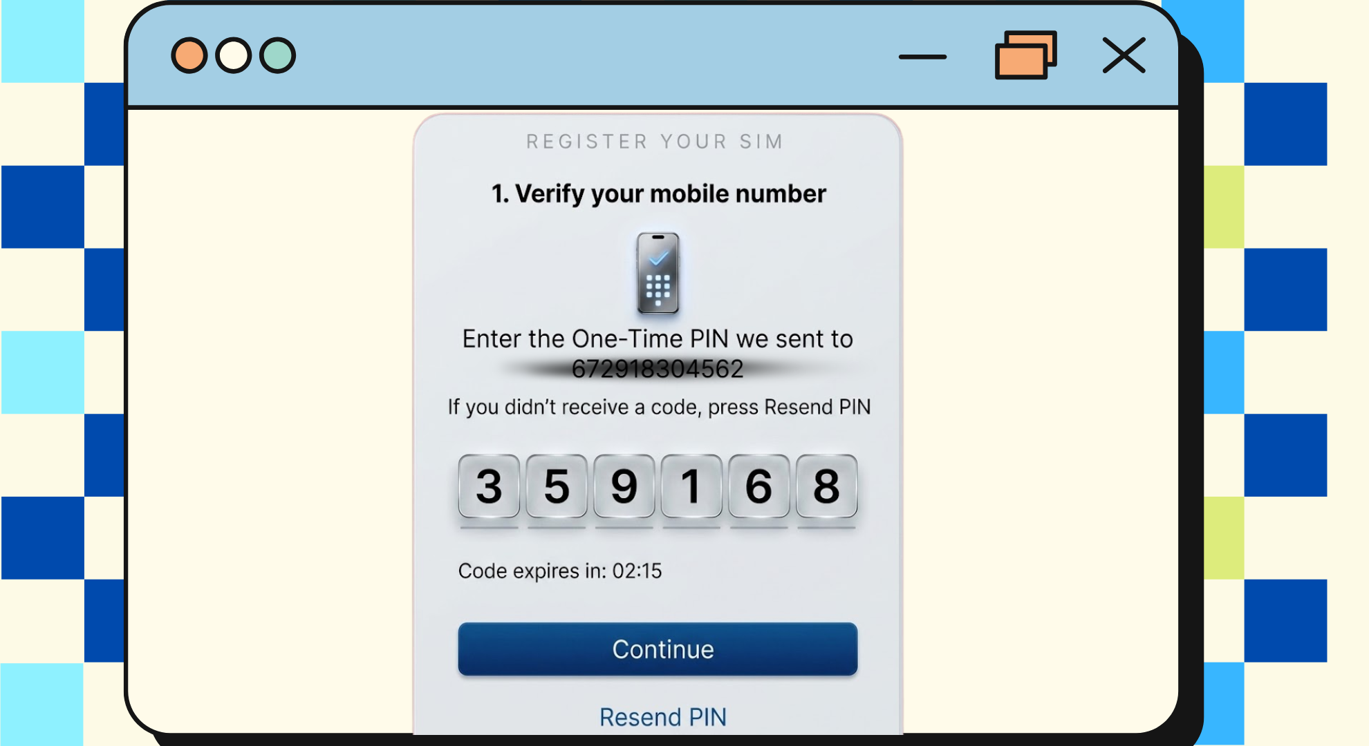 OTP verification screen in the GlobeOne app confirming TM SIM number ownership