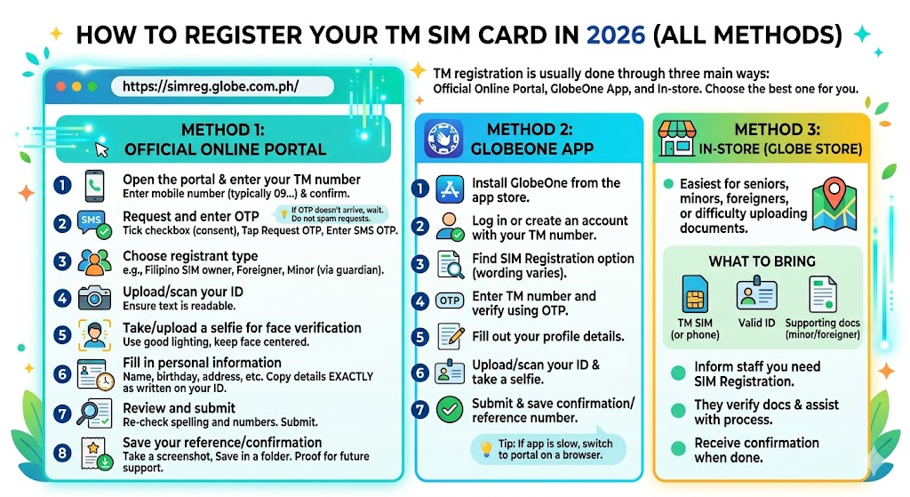Overview of three TM SIM registration methods: official online portal, GlobeOne mobile app, and in-store at a Globe Store