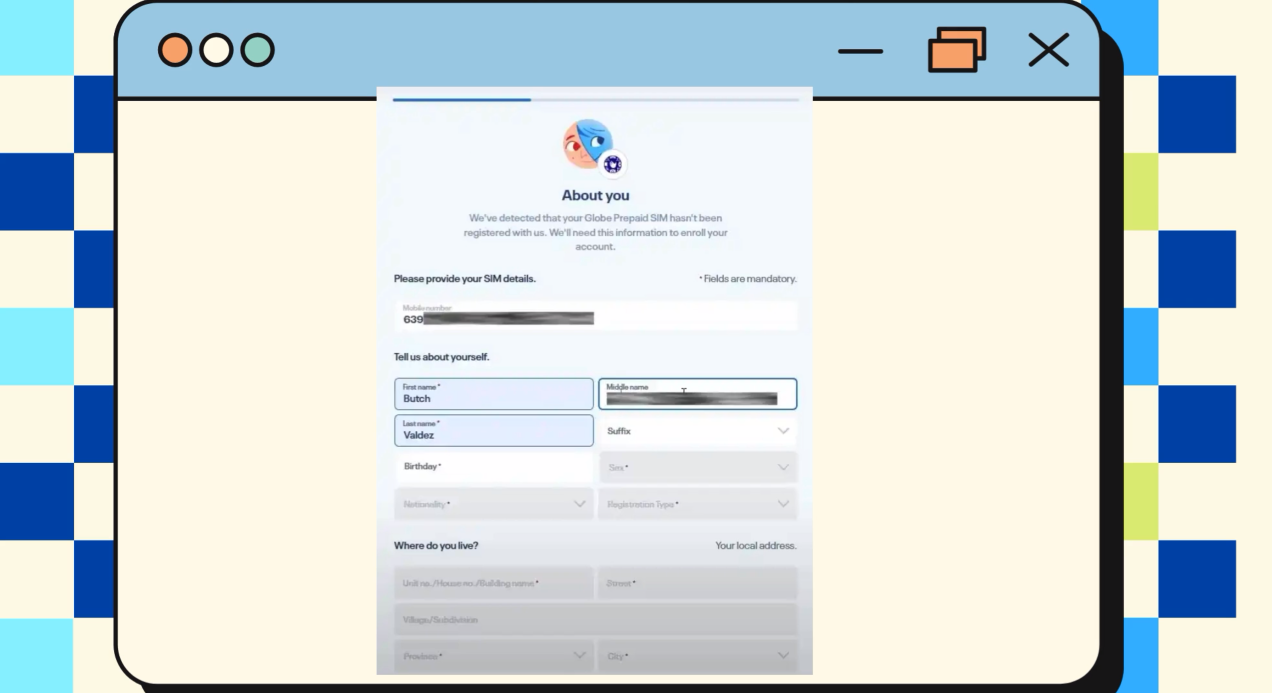 Registrant type selection screen with options for Filipino SIM owner, foreigner, and minor via guardian