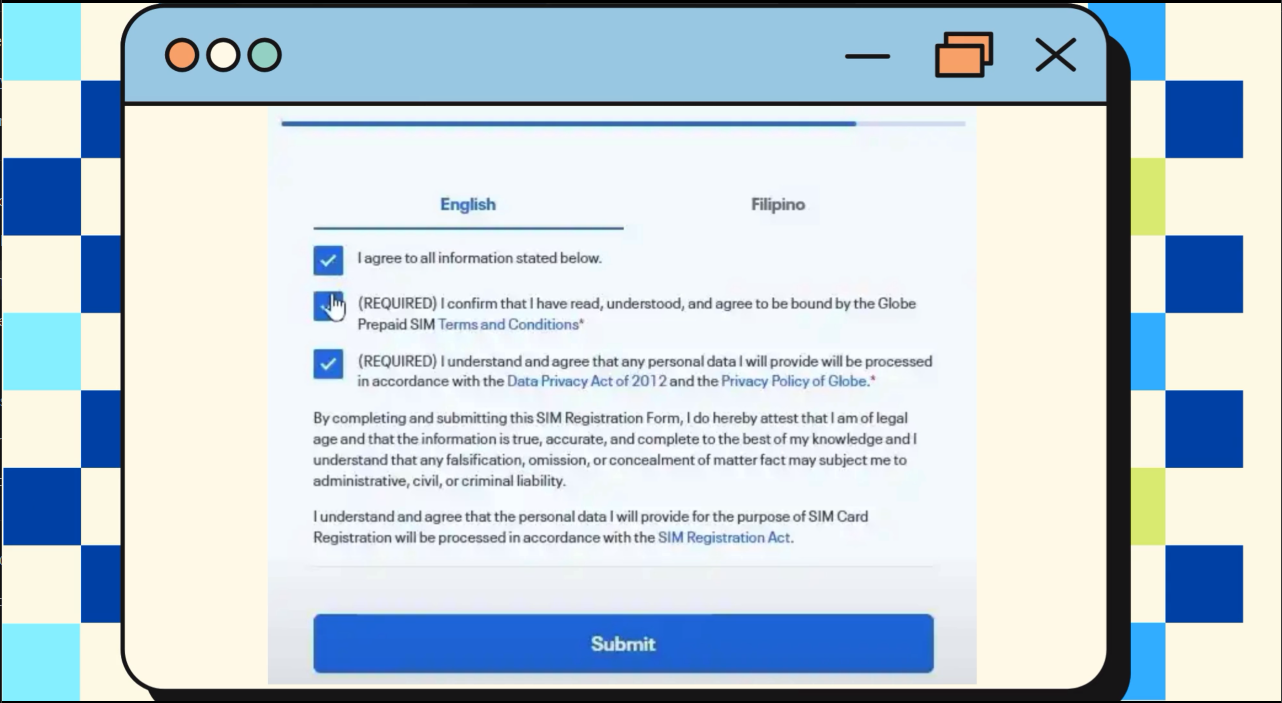 Registration review screen displaying all entered personal details and uploaded documents before final submission