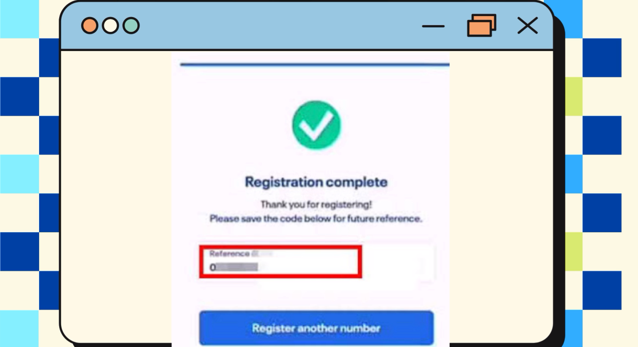 Successful TM SIM registration confirmation screen displaying reference number to save as proof