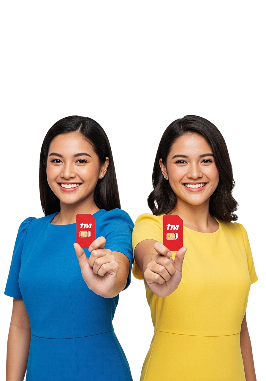 Two women holding TM SIM cards